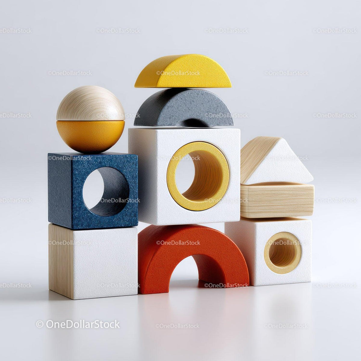 Colorful wooden geometric building blocks stacked in balanced arrangement on white surface