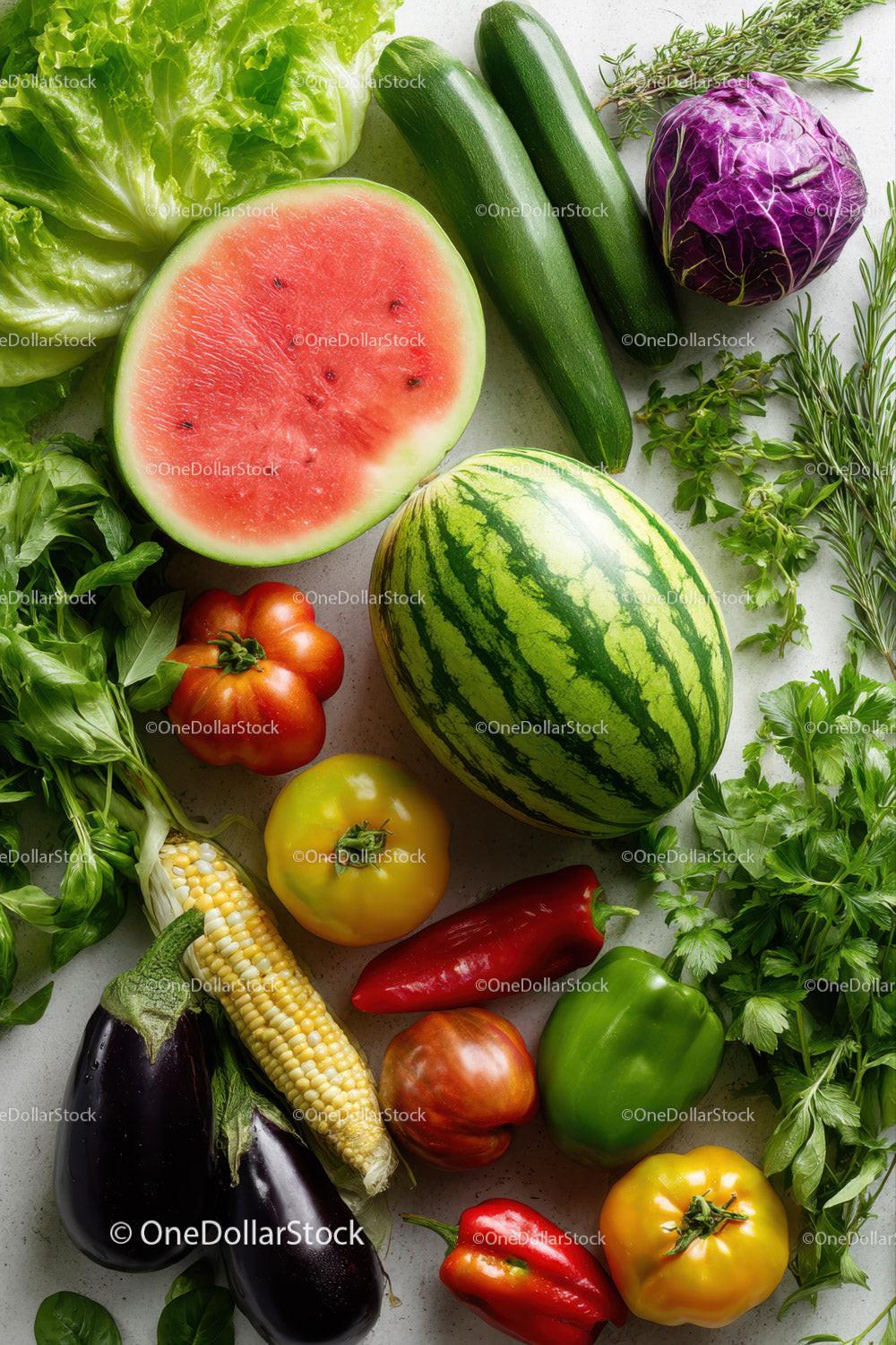 Fresh Assortment of Watermelon Zucchini and Colorful Vegetables