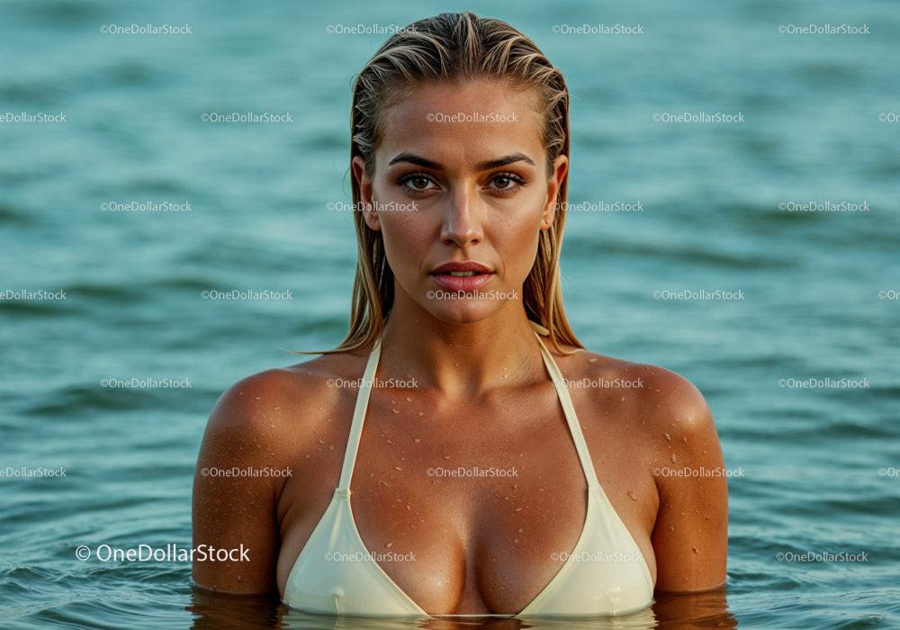 Young Woman in White Bikini in Blue Water with Sunlit Skin