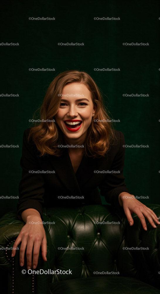 Confident Smiling Woman in Stylish Attire Sitting on Leather Sofa Stock Photo Bundle preview 7