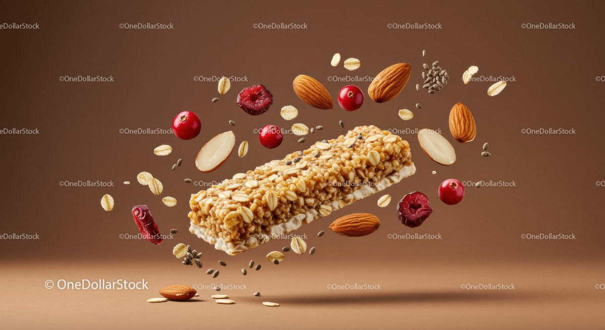 Granola bar with almonds and cranberries in midair