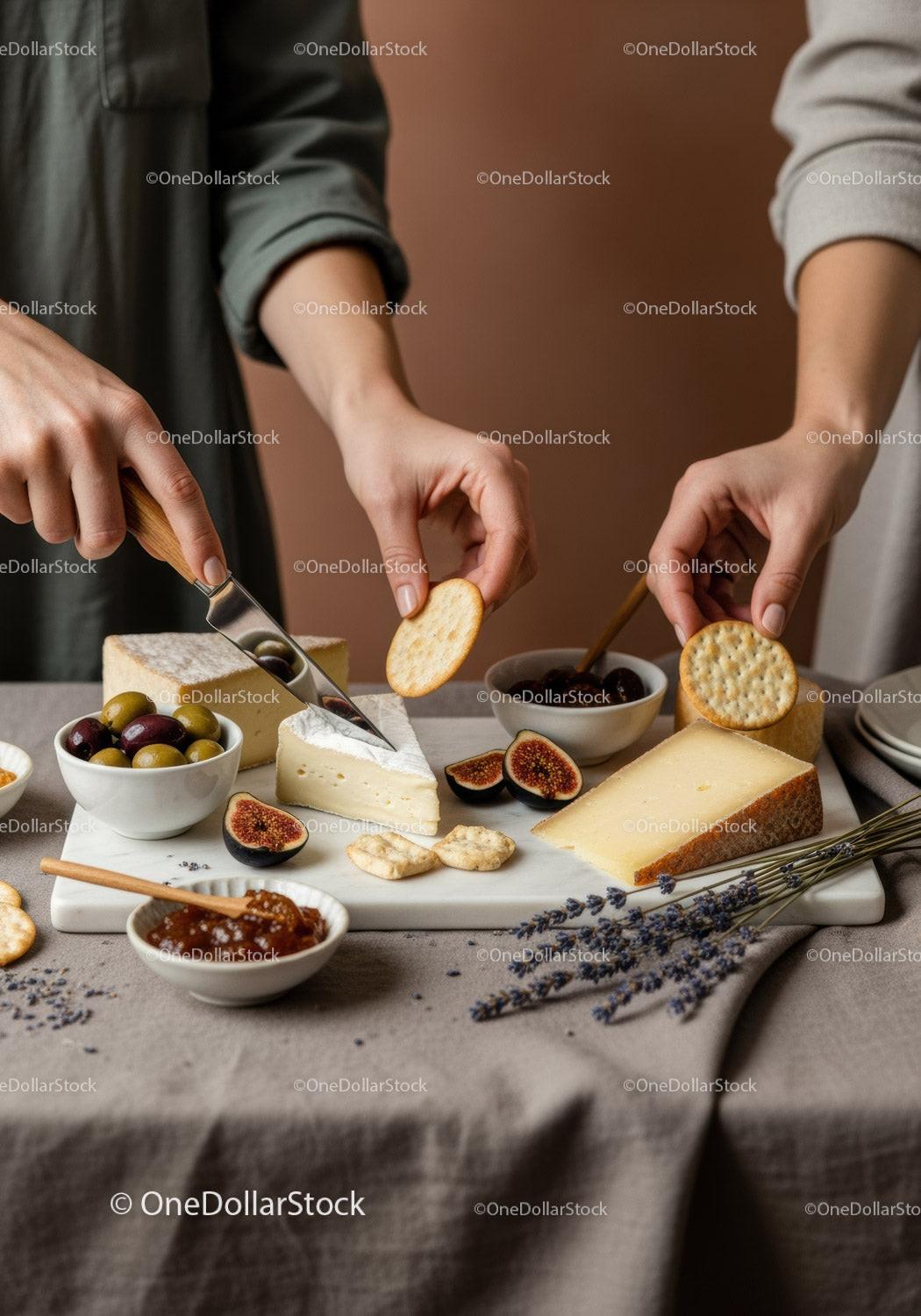 Cheese Board with Figs, Olives, and Crackers for Gourmet Snacking