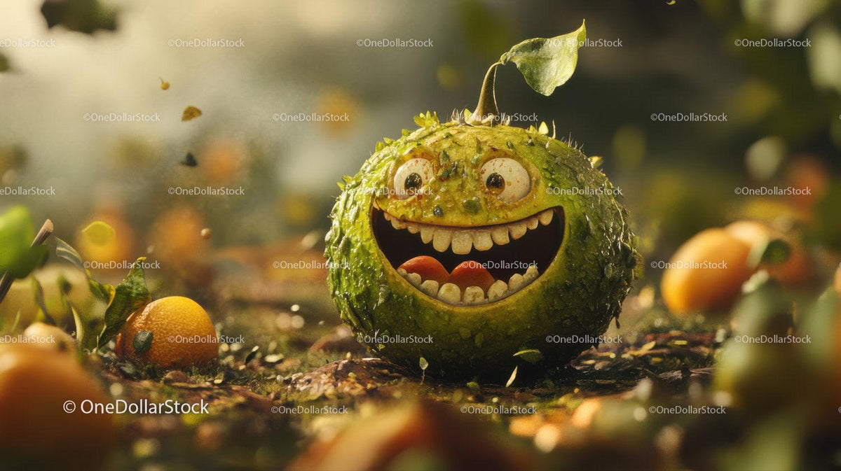 round green bumpy fruit with large smile and leaf stem on soil with orange fruits