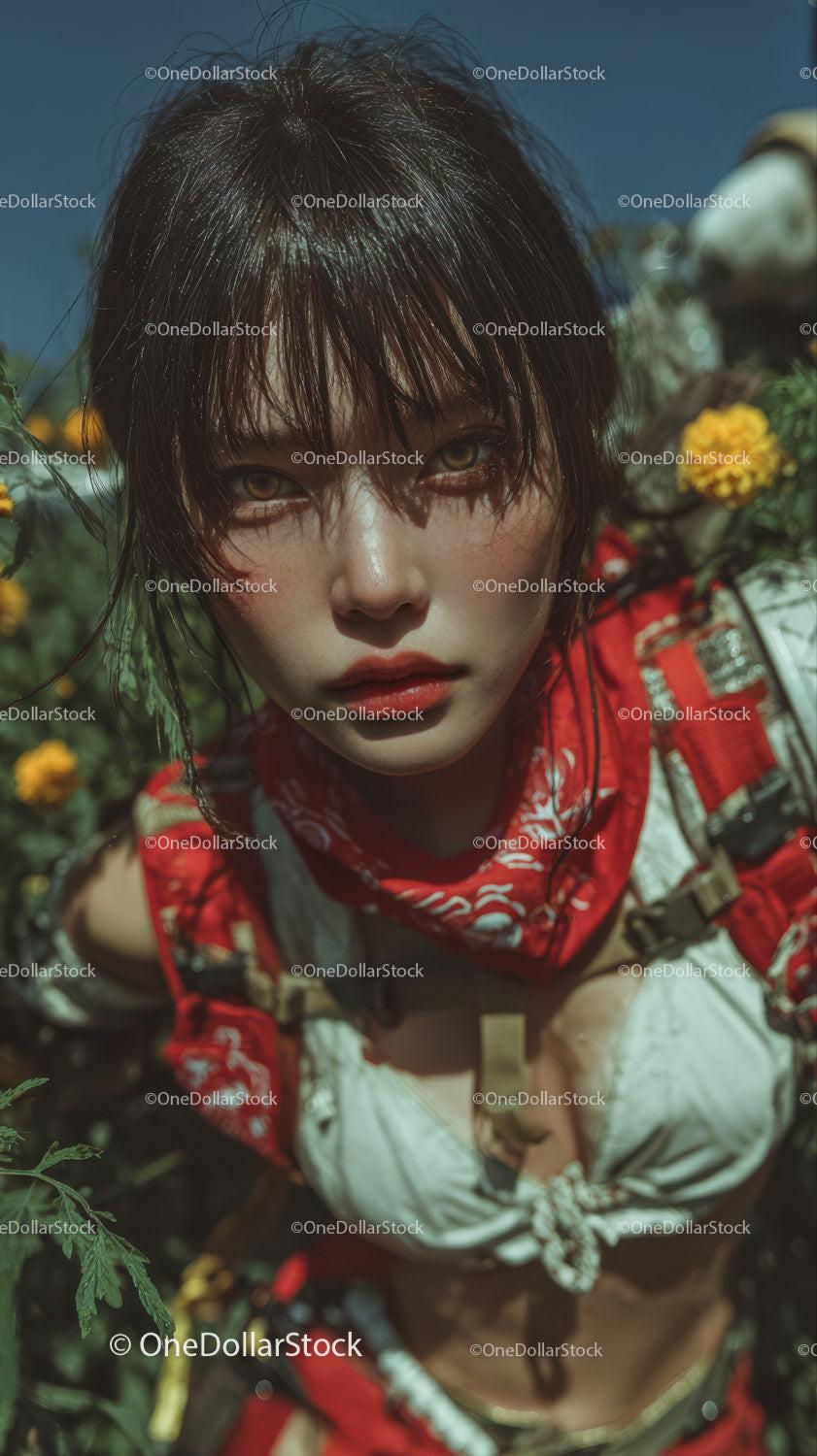 Young Woman with Wet Hair and Red Bandana in Sunlit Garden