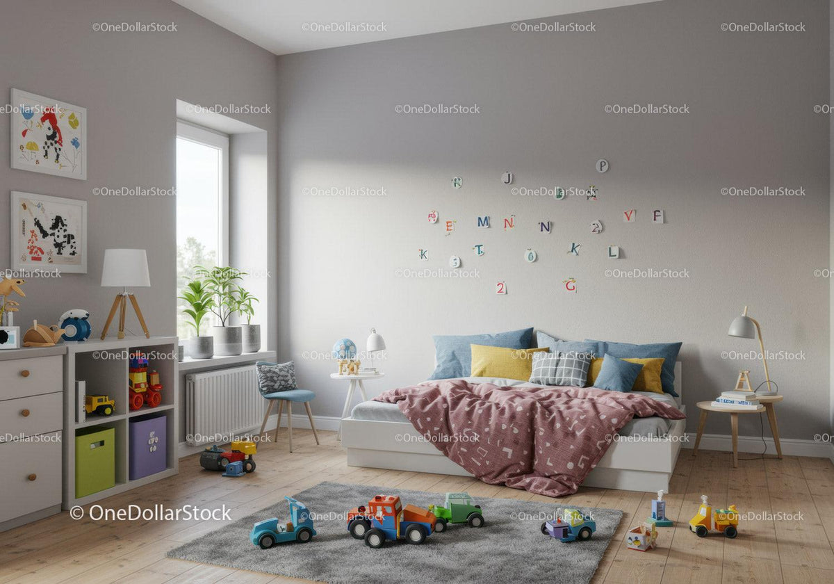 Bright Children's Bedroom with Toy Vehicles and Alphabet Wall Decor