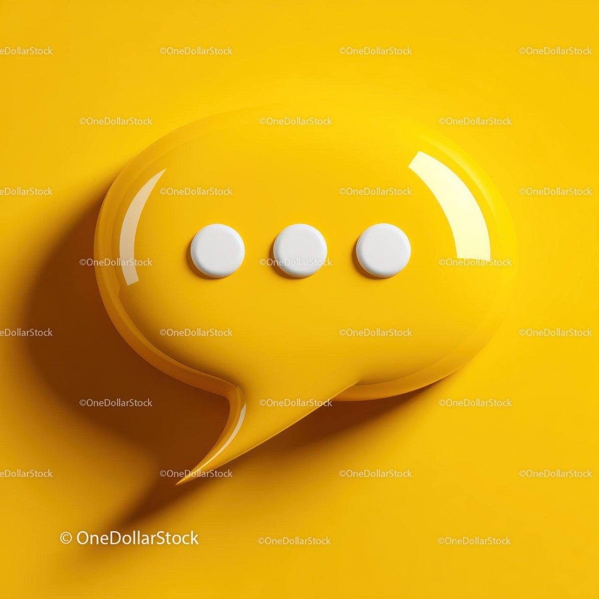 Glossy yellow speech bubble icon with three white circular dots on yellow background