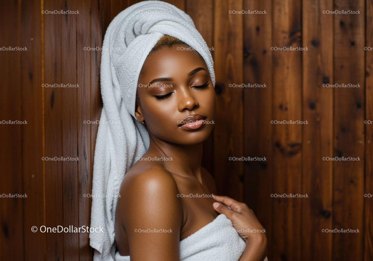 Elegant Woman Relaxing in Spa with White Towel and Wooden Background