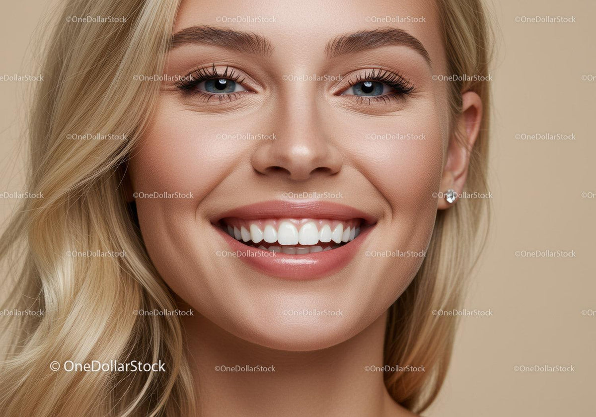 Closeup of smiling young woman with clear skin and blue eyes