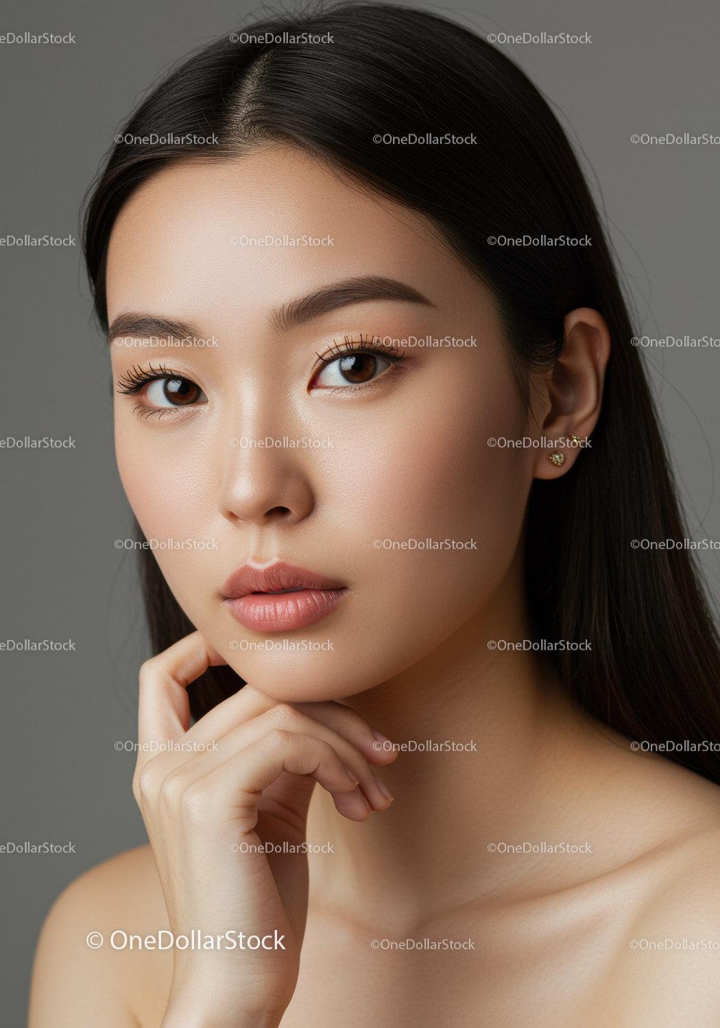 Portrait of Elegant Young Woman with Clear Skin and Brown Eyes