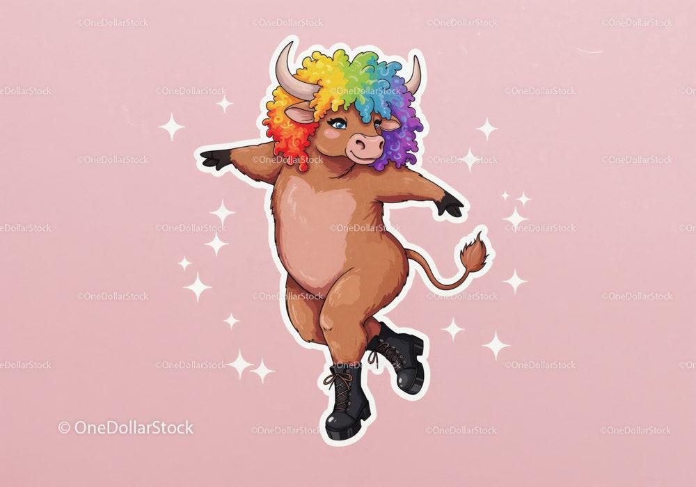 Brown bull dancing with rainbow afro and black boots on pink background
