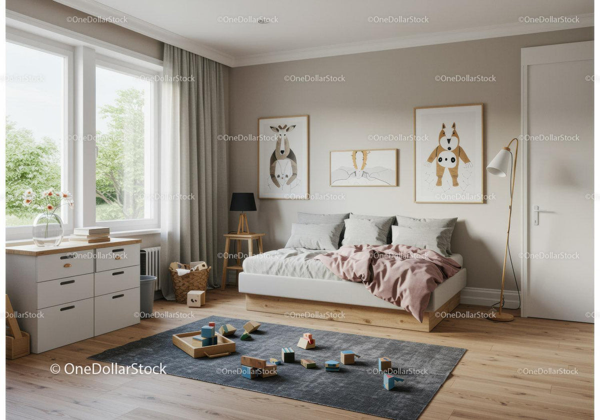Cozy Children's Bedroom with Wooden Floor and Animal Wall Art