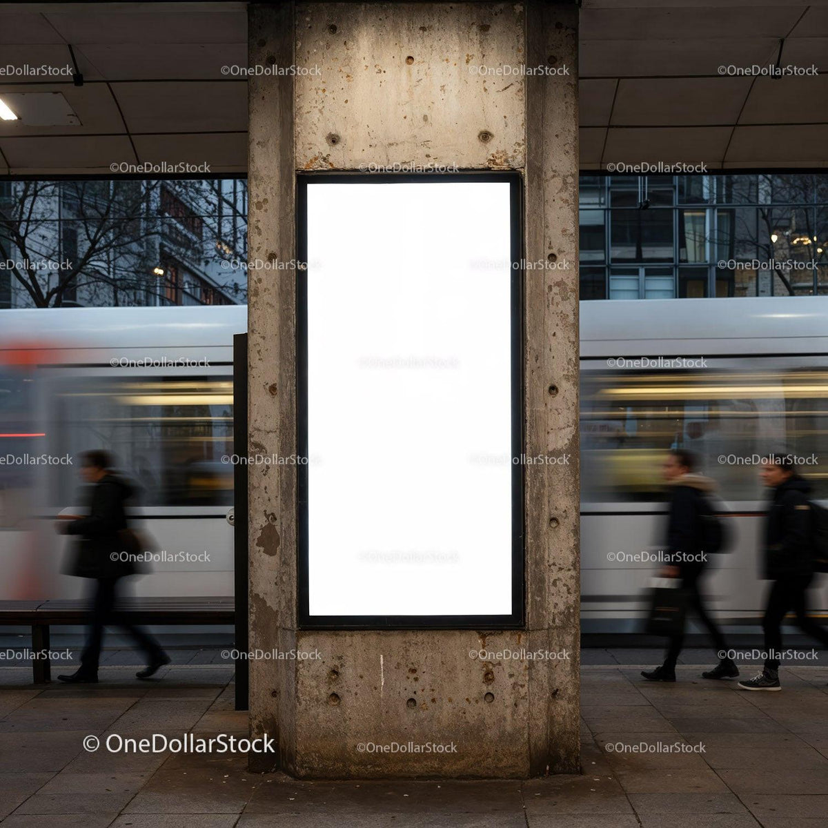 Blank Urban Billboard at City Tram Stop in Evening JPG Mockup Image preview