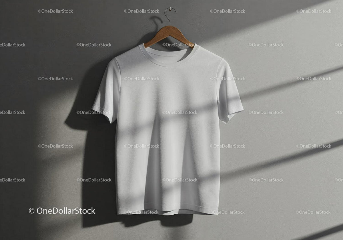 White T Shirt Hanging on Wooden Hanger with Shadows JPG Mockup Image preview