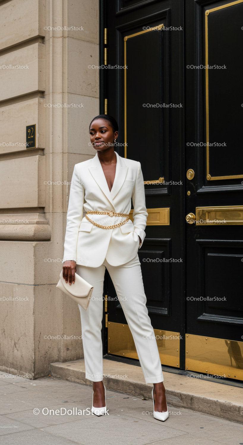 Elegant woman in white suit stands by classic door