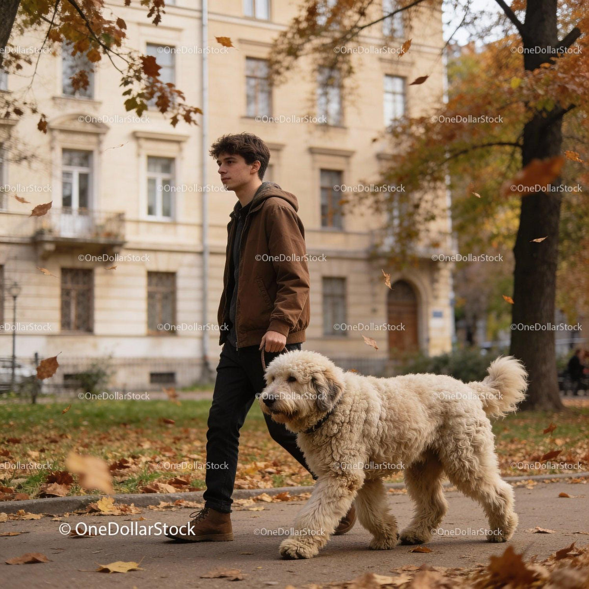 Young man walking fluffy dog on autumn city street