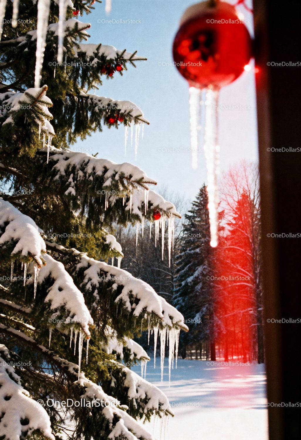 Snow-Covered Pine Branches with Icicles and Ornaments