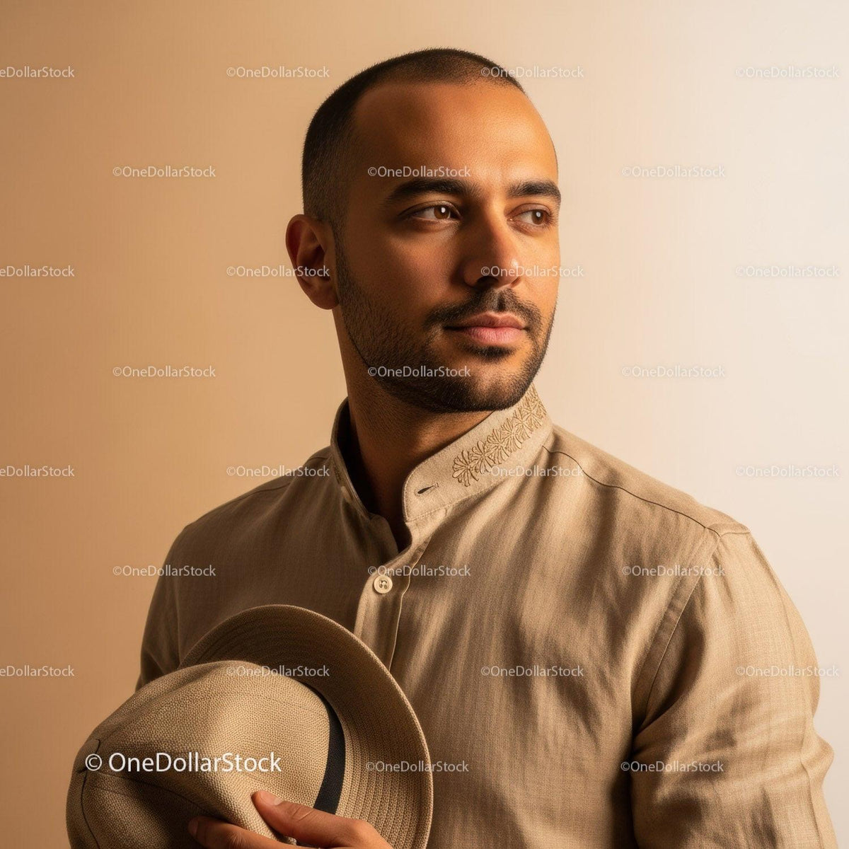 Stylish Male Model in Beige Shirt Holding Hat for Fashion Portrait