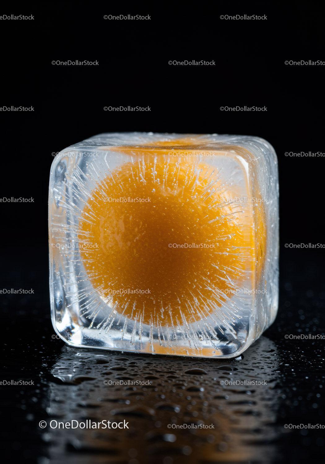 Fresh orange frozen inside a melting ice cube
