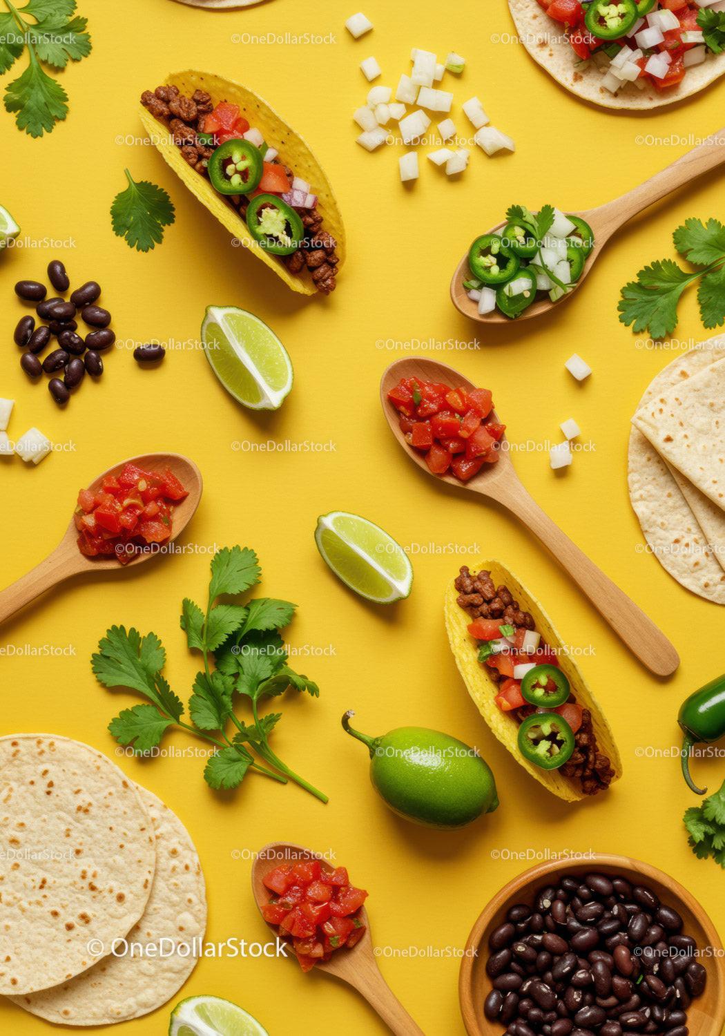 Fresh Ingredients for Mexican Tacos on Yellow Background