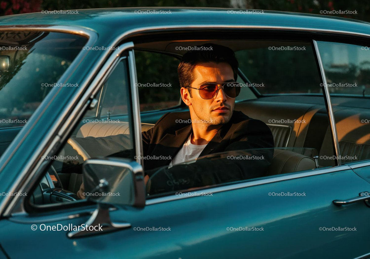 Stylish Man in Sunglasses Sitting in Classic Vintage Car at Sunset Stock Photo Bundle preview 16