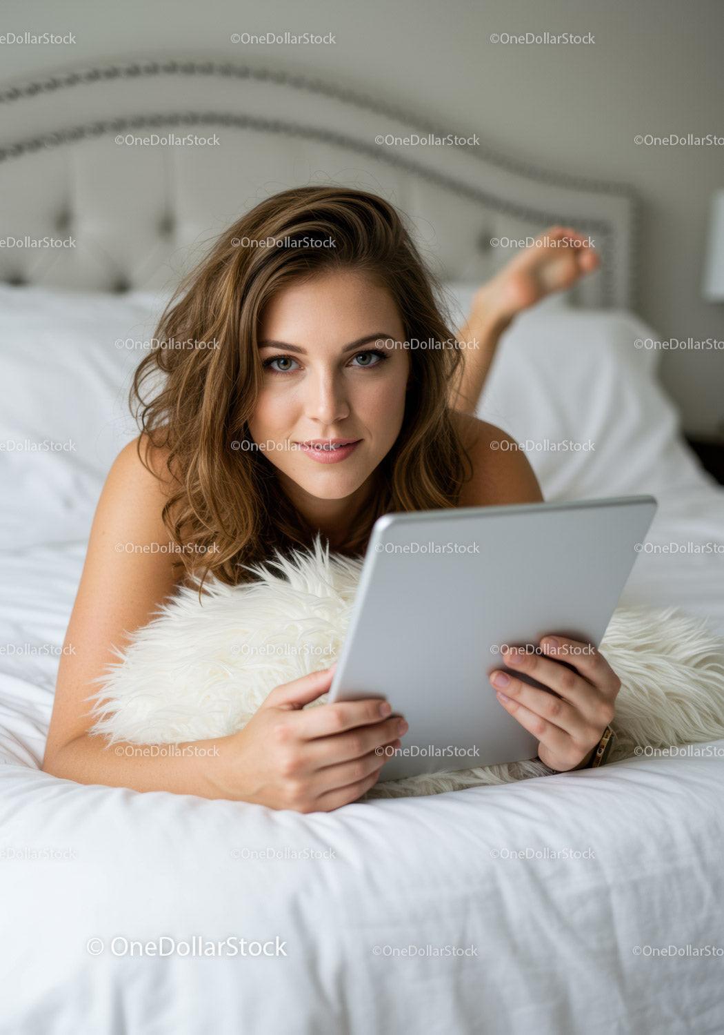 Young woman relaxing on bed with digital tablet