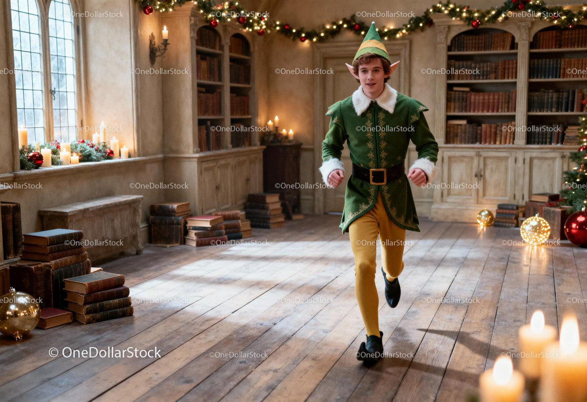 Young Man Running as Festive Christmas Elf Indoors