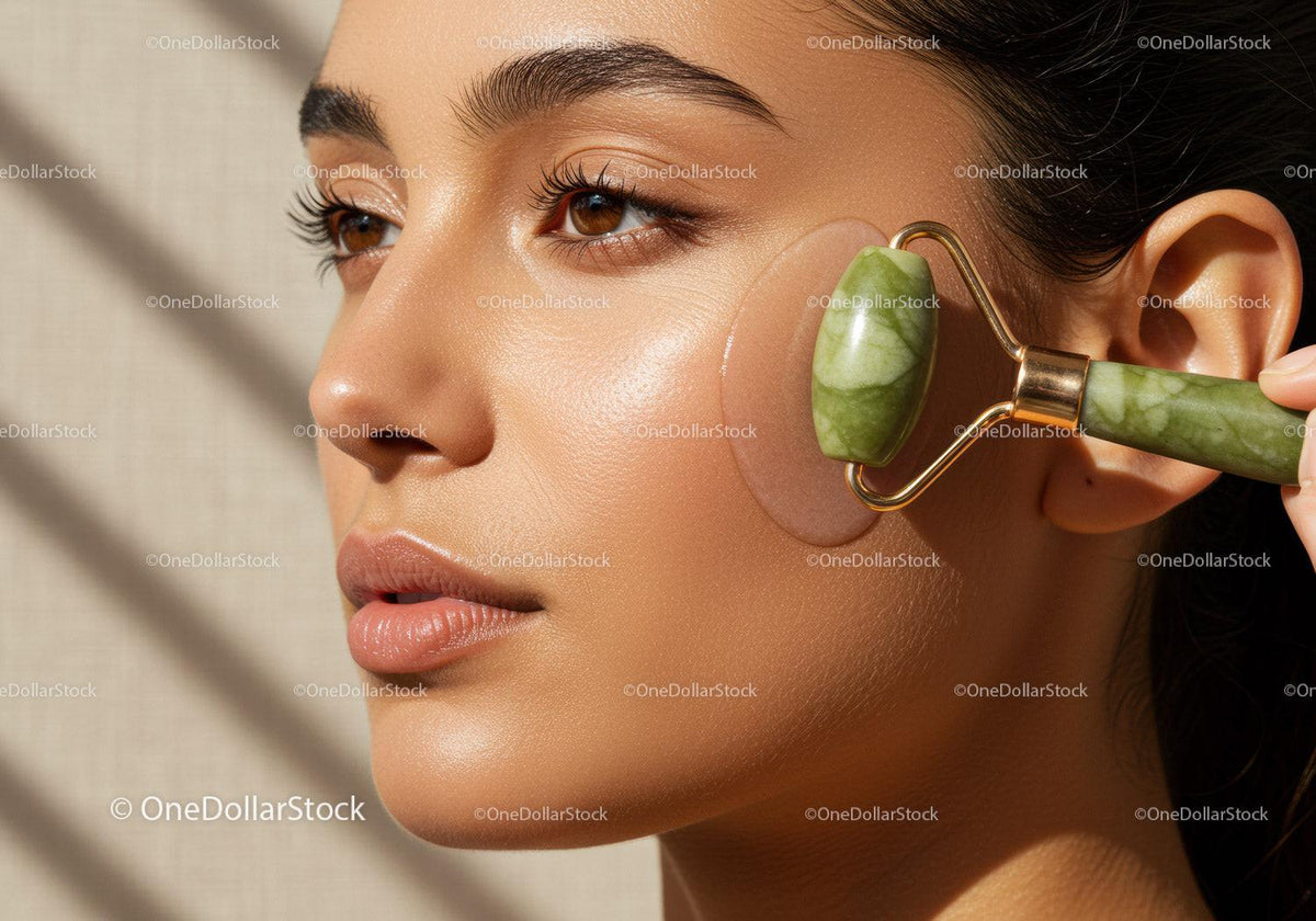 Close-up of Woman Using Jade Roller for Facial Skincare Wellness