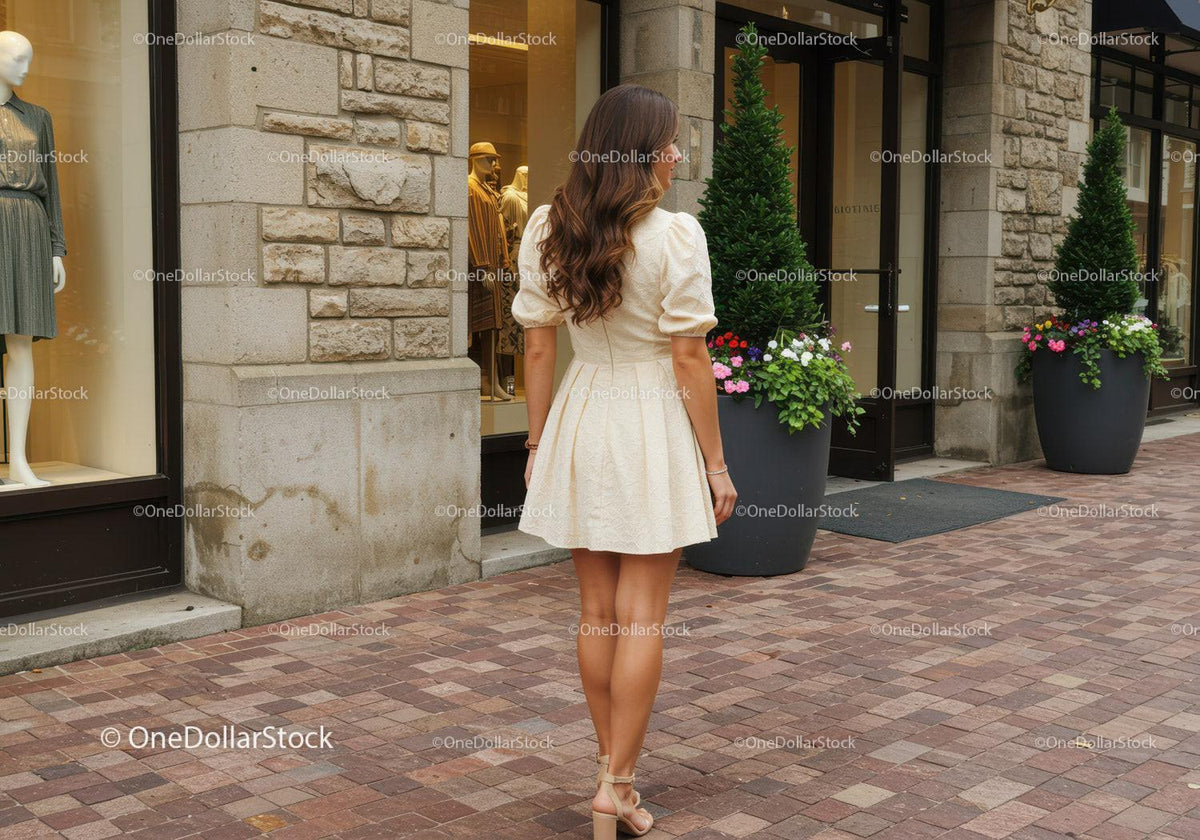 Fashionable Woman in Beige Dress Walking Past Storefront with Flower Pots
