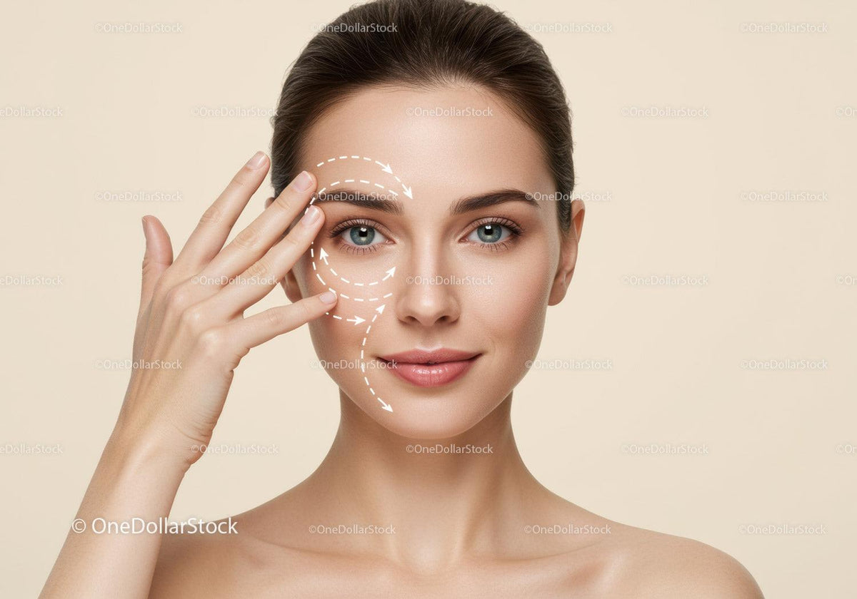 Young Woman Performing Facial Massage with Arrows Indicating Areas