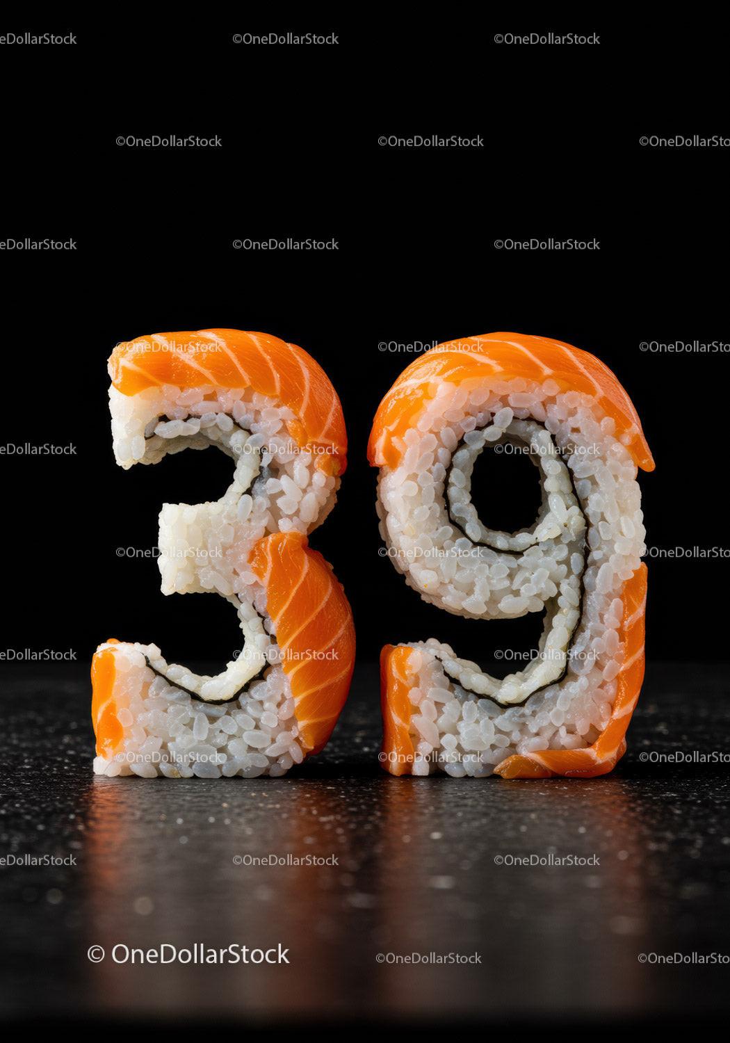 Number 39 crafted from fresh salmon sushi rolls