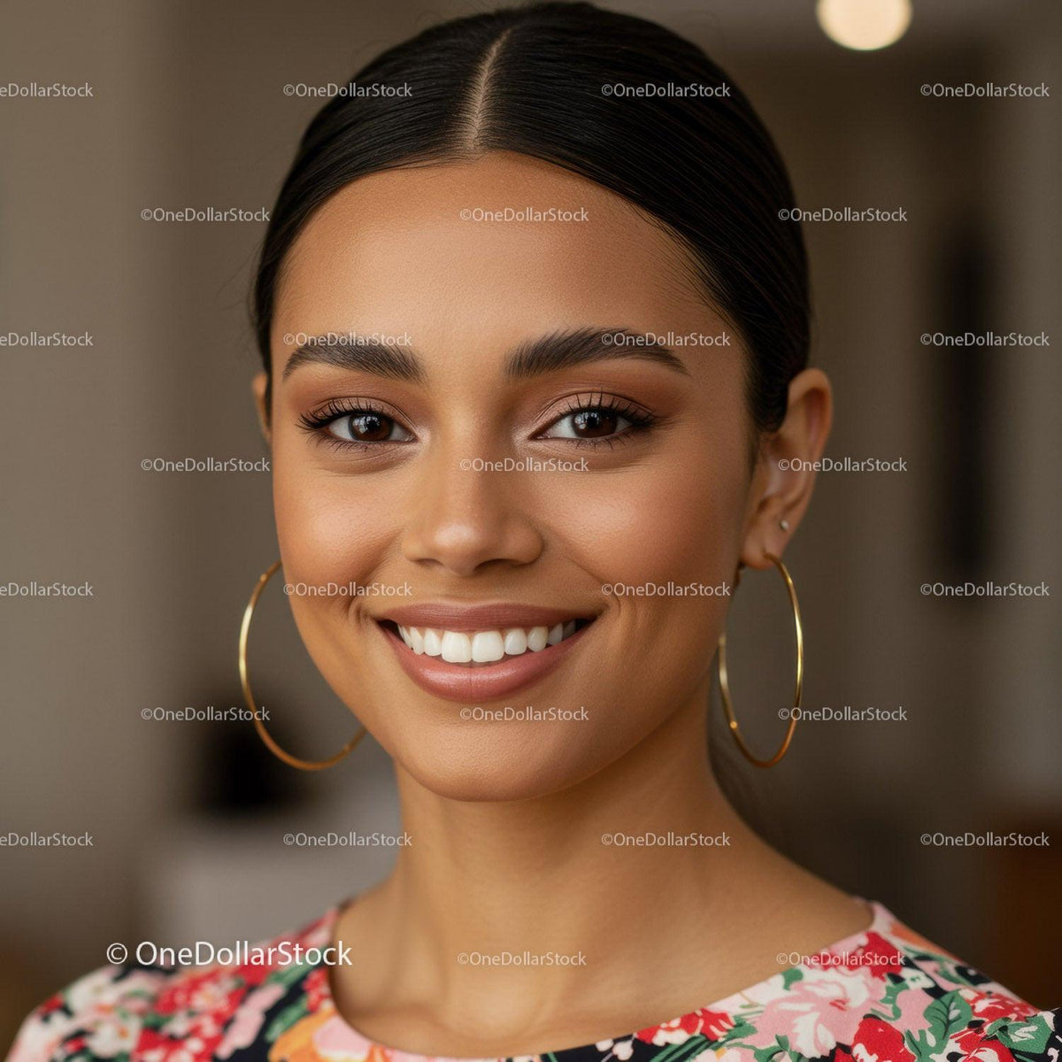 Portrait of a Smiling Woman with Elegant Earrings and Natural Makeup