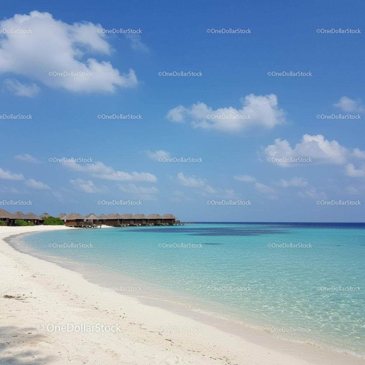 Overwater Bungalows on Clear Blue Seaside with White Sandy Beach