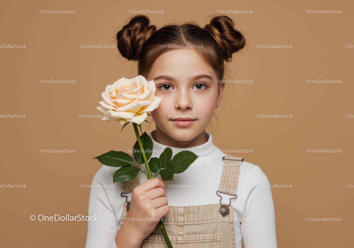 Young Girl Holding Cream Rose Portrait with Hair Buns