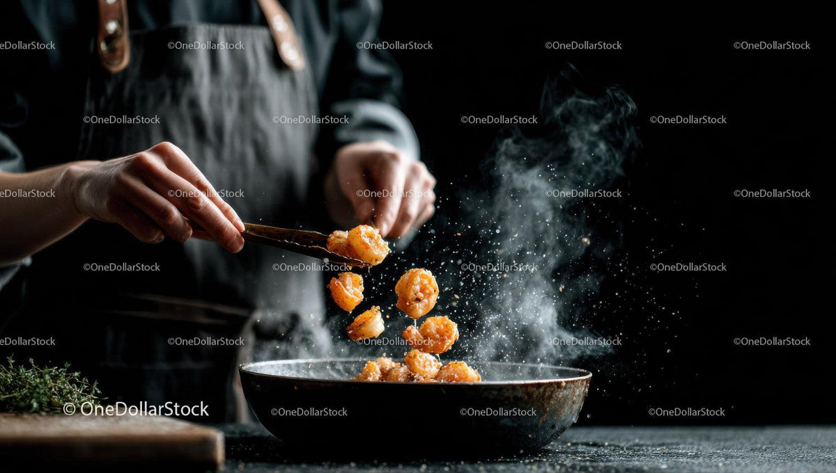 Cooking Sizzling Shrimp in Wok with Steam Rising for Gourmet Cuisine