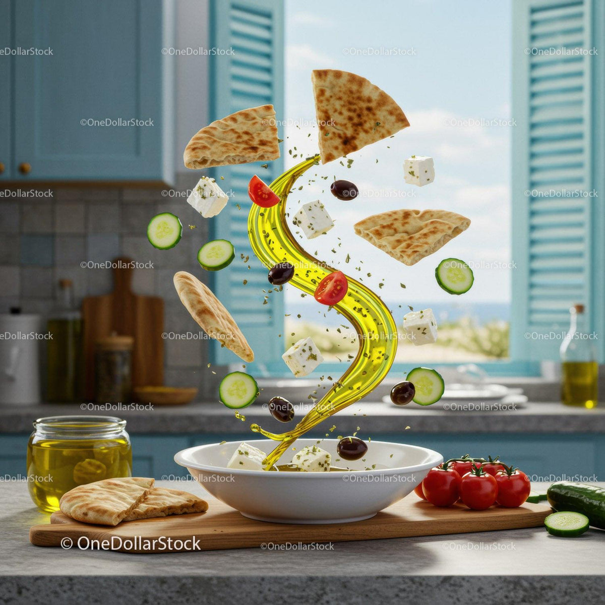 Fresh Mediterranean Salad Ingredients Floating in Kitchen