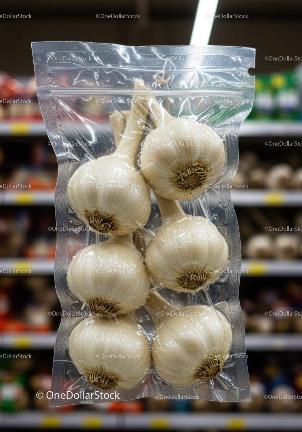 Vacuum Packaged Fresh Garlic Bulbs on Store Shelf