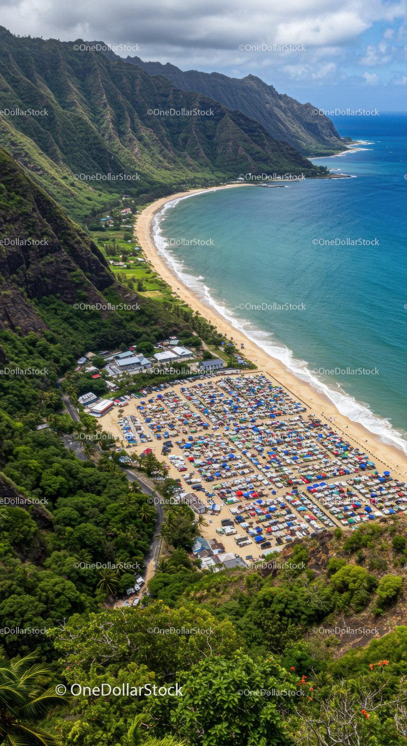 Lush Green Mountain Cliffs Over Sandy Beach and Ocean