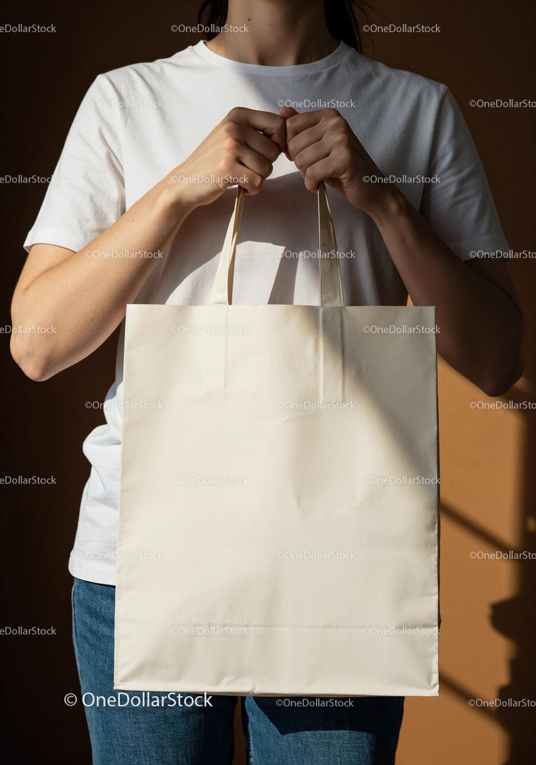 Person Holding Blank Canvas Tote Bag in Natural Light JPG Mockup Image preview