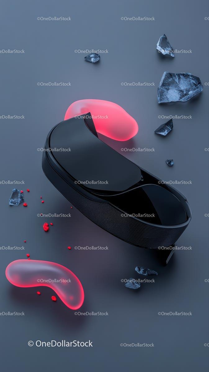 Futuristic Wireless Earbuds with Pink Glowing Accents and Ice Fragments