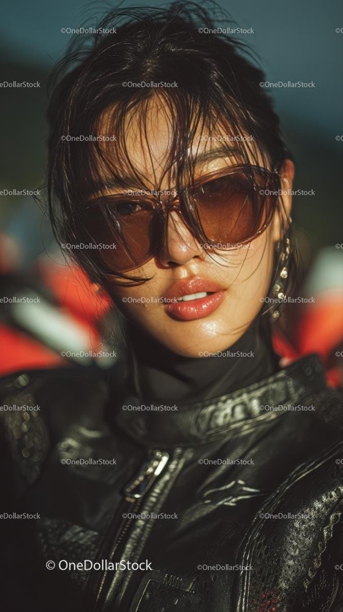 Confident Female Rider in Sunglasses with Motorcycle Gear Stock Photo Bundle preview 23