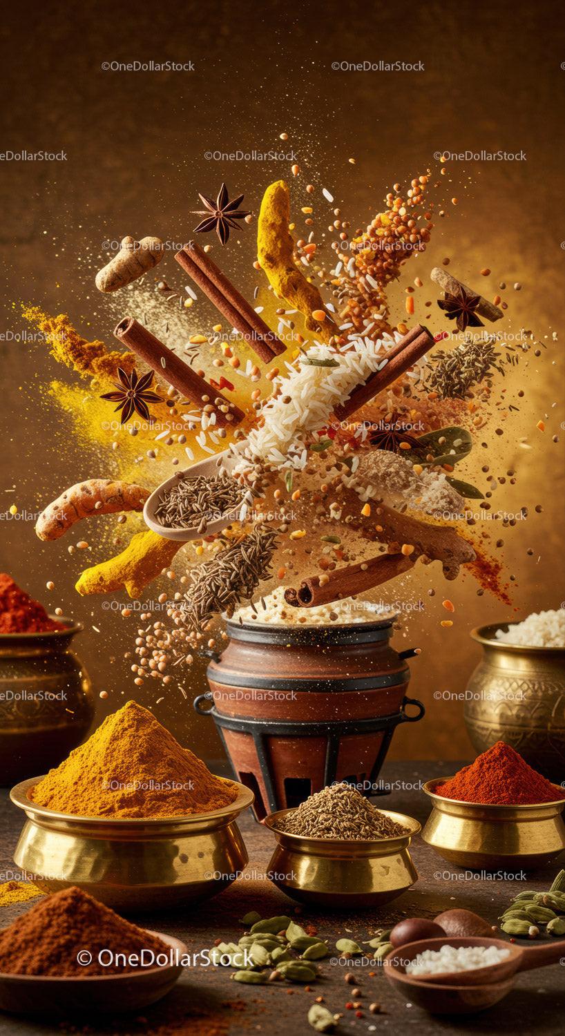 Assorted Indian Spices and Rice with Dynamic Motion