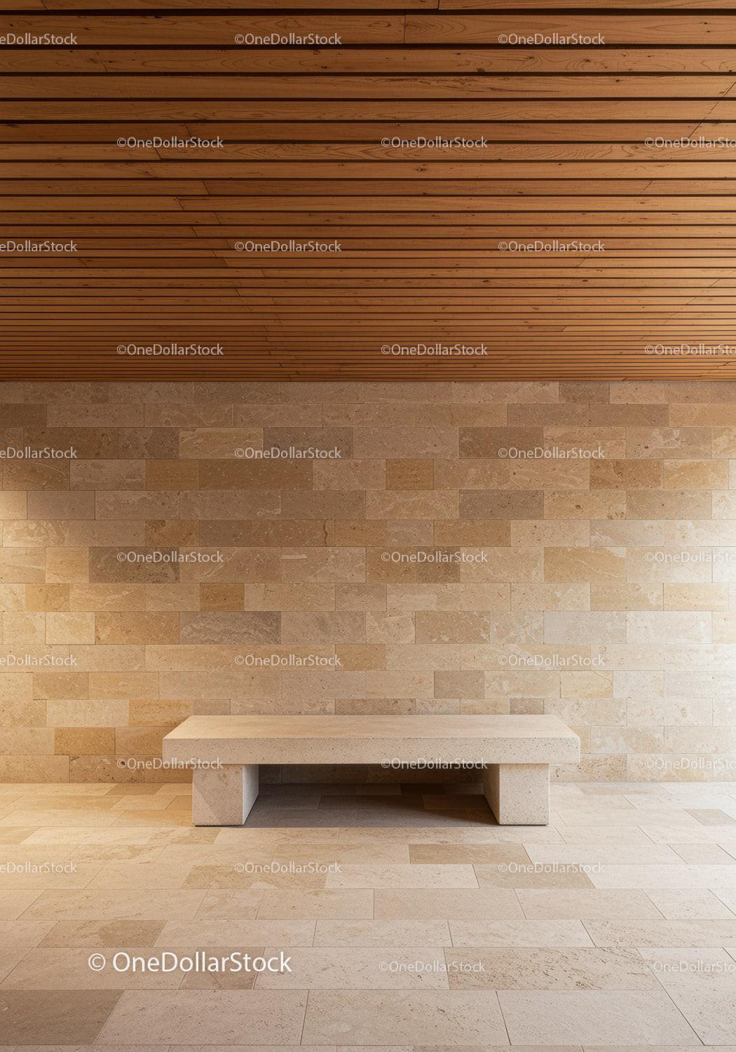 Modern Interior with Wooden Ceiling and Beige Stone Wall