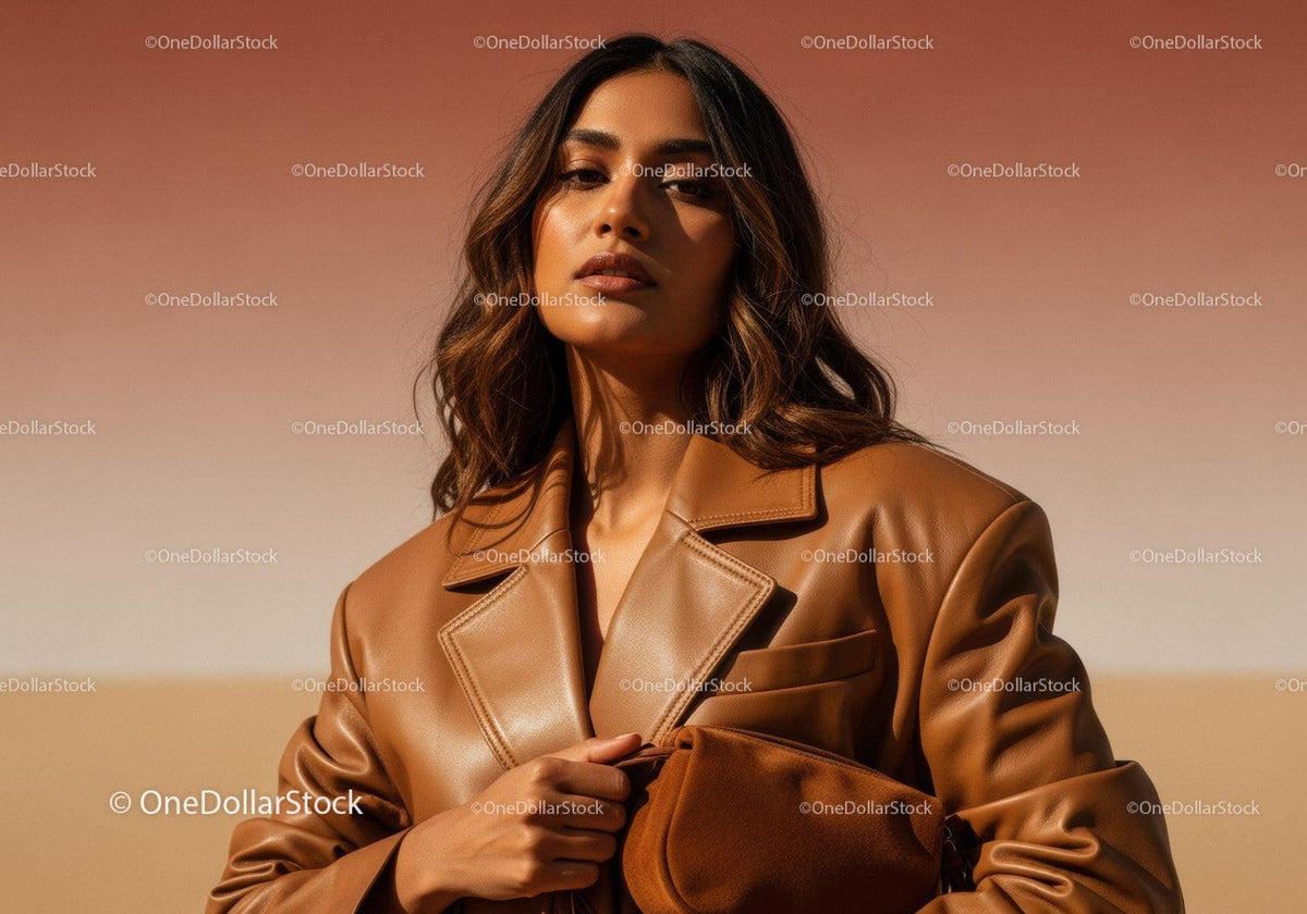 Stylish Woman in Brown Leather Jacket During Sunset Outdoor Photoshoot