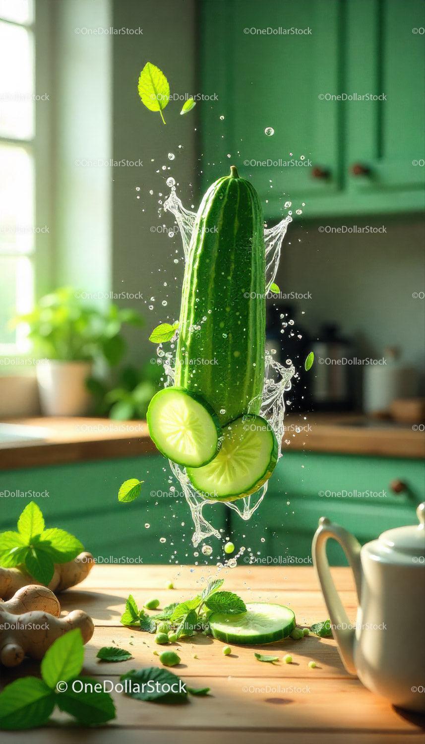 Fresh cucumber with water splash and herb leaves