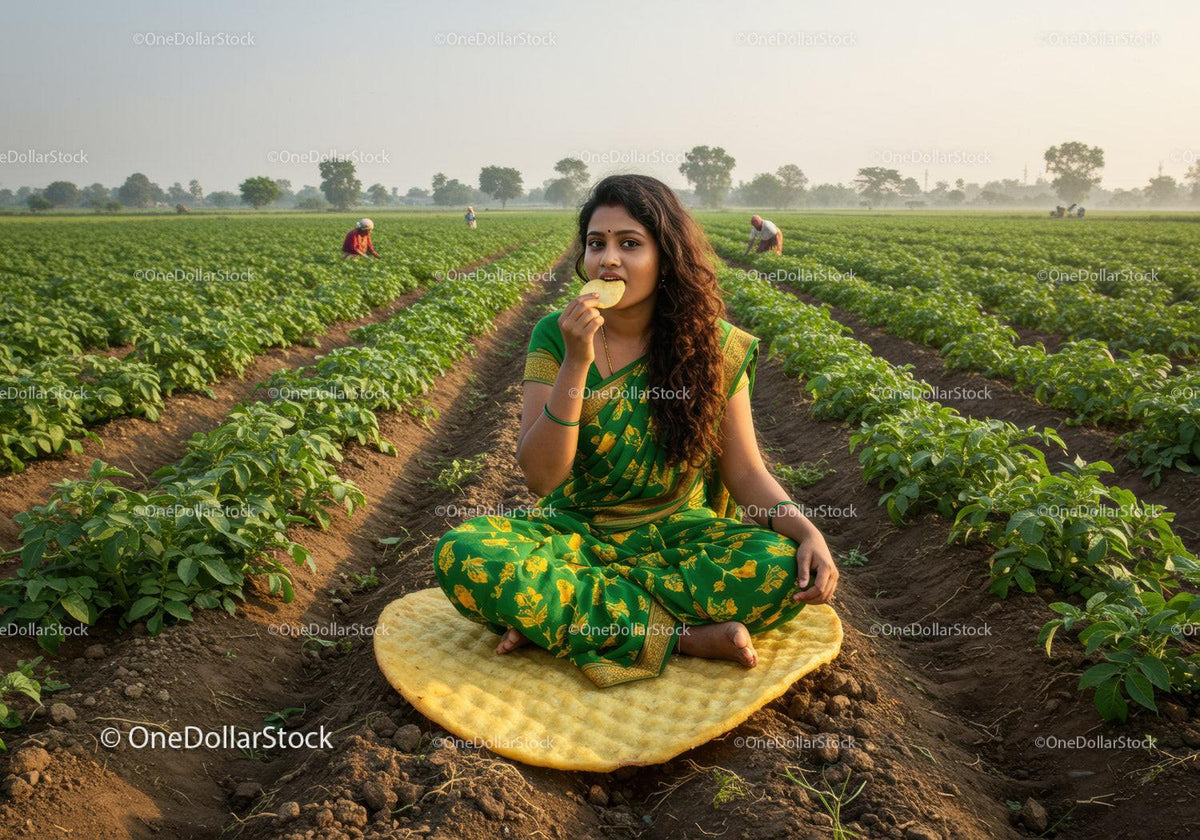 Woman in traditional saree enjoying snack in green field