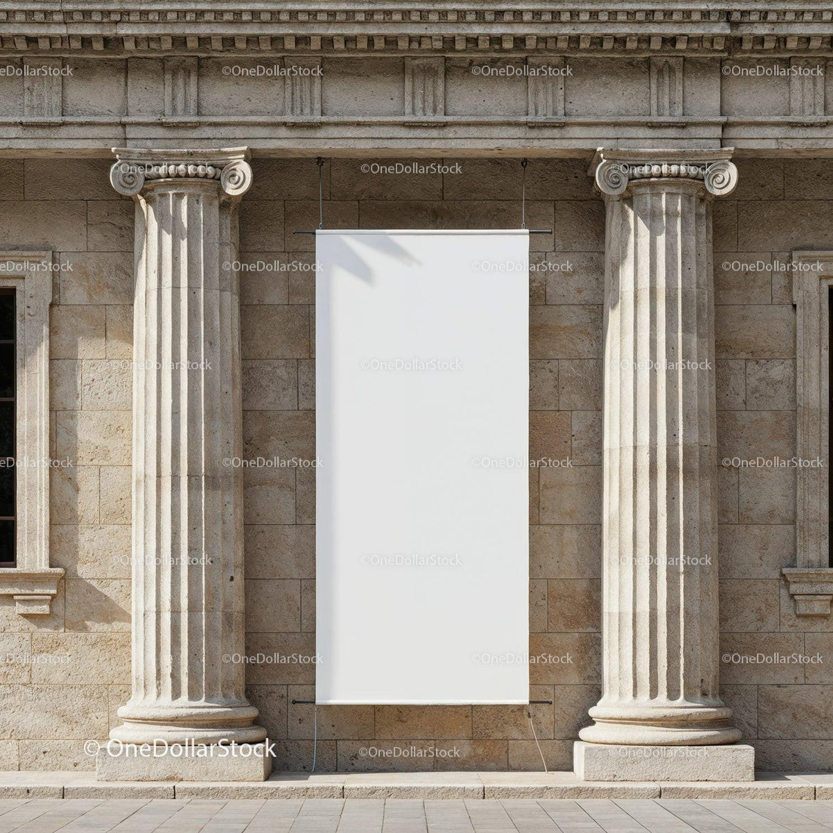Classic stone pillars framing blank vertical banner JPG Mockup Image preview
