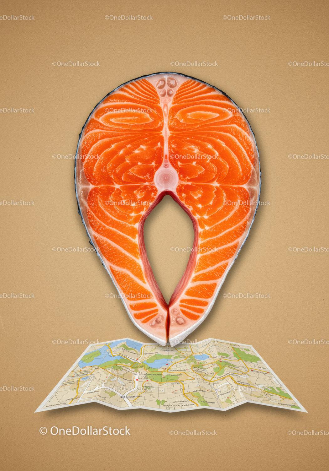 Fresh salmon steak placed on folded city map