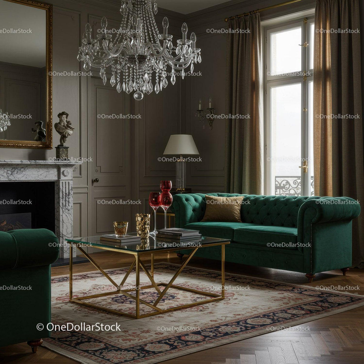 Elegant living room with plush green velvet sofas