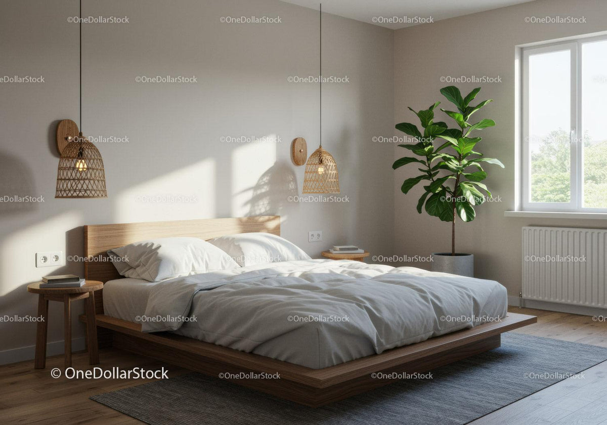 Minimalist bedroom with wooden furniture and green plant