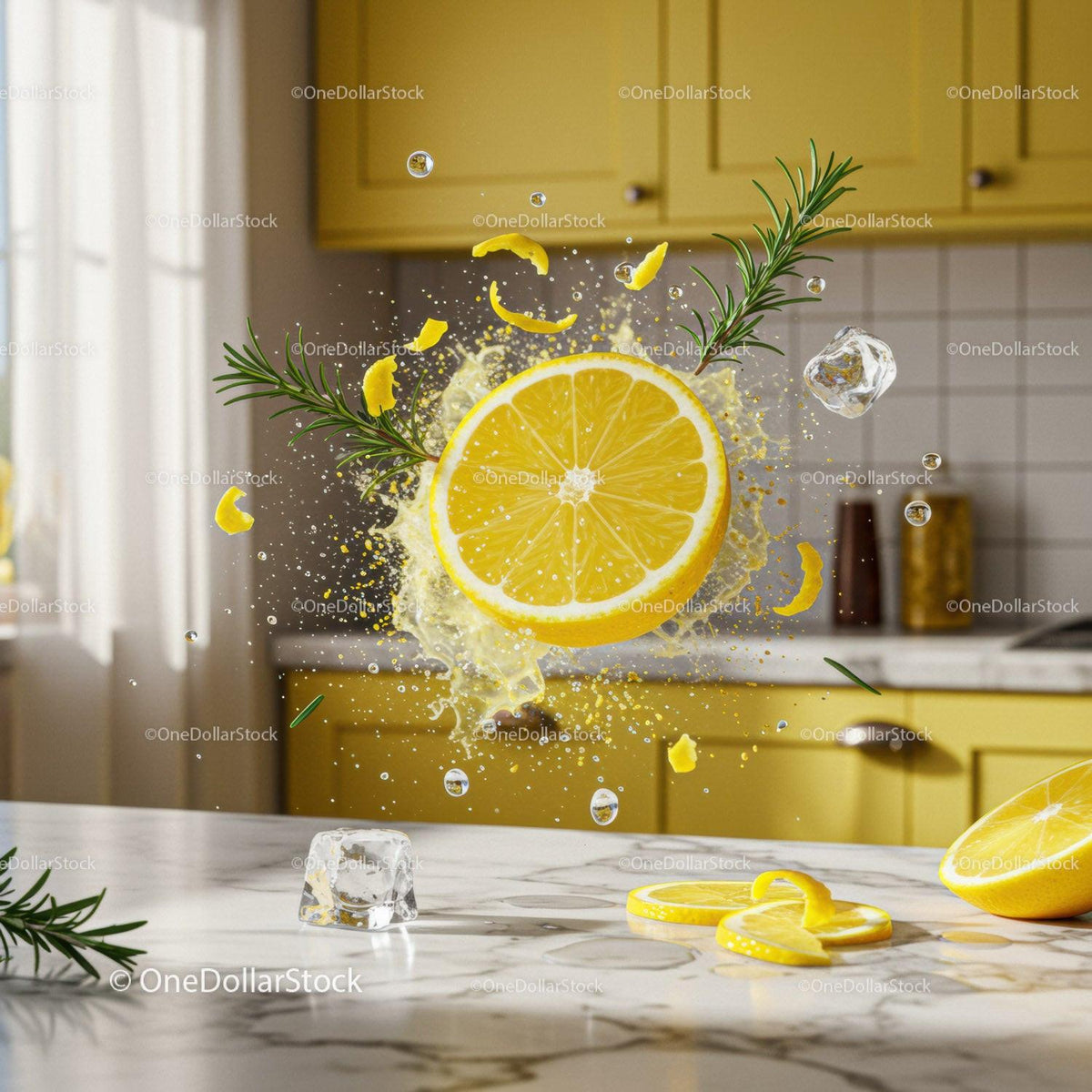 Fresh Lemon Splash with Ice and Rosemary in Bright Kitchen